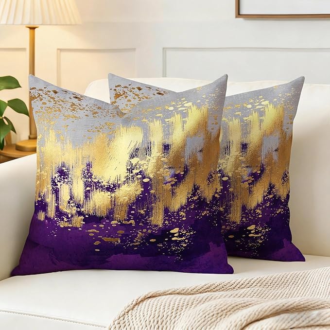 Purple and Gold Abstract Art Throw Pillow Covers, 18x18 Inch, Gold Purple Decorative Pillows for Couch Living Room Bedroom Sofa Decor, Luxury Modern Art Pillowcase Cushion Covers