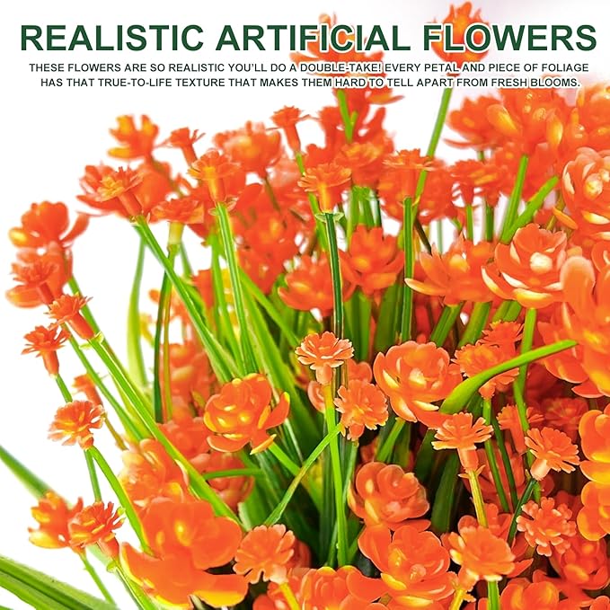 20 Bundles Artificial Flowers for Outdoors Spring Summer Decor-UV Resistant Fake Mums Faux Plants Plastic Flowers Greenery for Home Porch Gardens Fireplace Patio Indoor Outsides Decor(Orange Red)