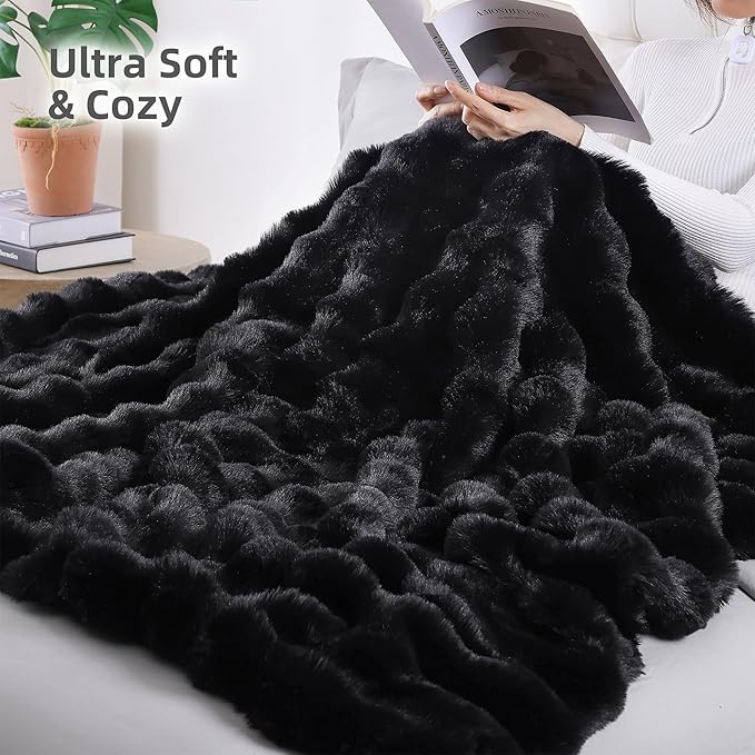 Smoofy Faux Fur Throw Blanket for Couch – Black Fluffy Cozy Rabbit Fleece, Plush Soft Bubble Blanket for Sofa & Bed, for Mom, Warm Fuzzy Home Room Decor Throw 50" x 60"
