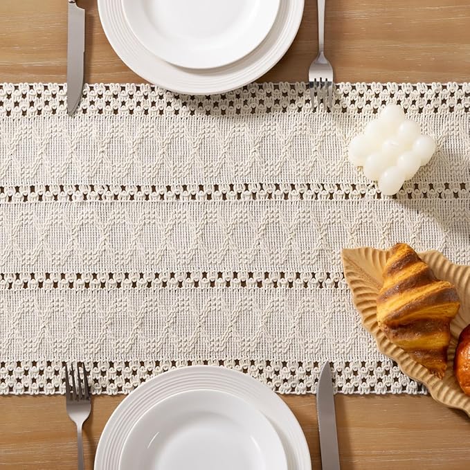 Socomi Boho Table Runner Easter Spring Farmhouse Rustic Dining Kitchen Centerpiece Decor Small Macrame Woven Cotton Linen Coffee Table Runner for Dresser Scarf Home Decor 12x72 inch Beige