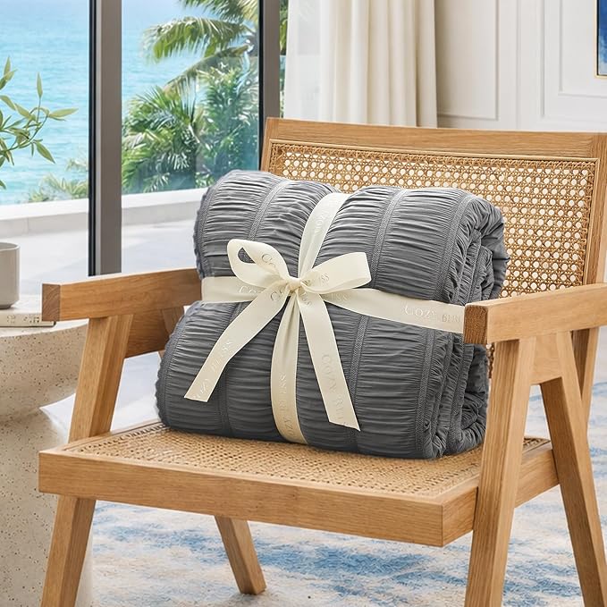 Cozy Bliss Vertical Striped Seersucker Cooling Comforter Twin Size, Lightweight Airflow Silky Cooling Bedding with Q-Max>0.45 for Bedroom, Home Decor, Hot Sleepers & Night Sweats, Grey 68"x90"