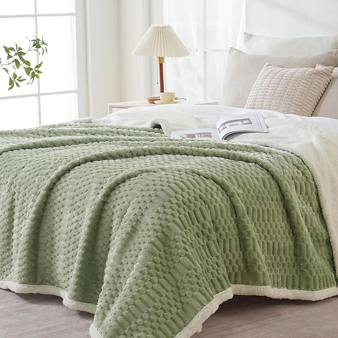 Sherpa Throw Blanket for Couch Flannel Cozy Soft Thick Blanket Warm Twin Blanket for Bed Fleece Home Decor Gifts, Z01 - Green, 60"*80"