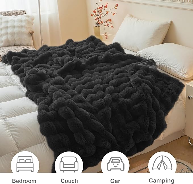 LIFEREVO Luxury Fluffy Faux Rabbit Fur Blanket, Plush Fuzzy Bubble Throw for Couch Sofa, Cozy Comfy Furry Bed Blanket Home Decoration, Aesthetic Shaggy Throw for Bedroom Living Room, 60x90, Black