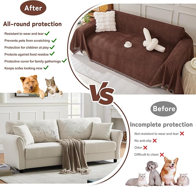 HANDONTIME Chocolate Couch Covers for Sofa Couch Slipcover with Non-Knot Tassels Washable Sofa Protector for Dogs Chenille Couch Covers for 3 Cushion Couch Pet Friendly Durable Slipcovers, 91"x150"