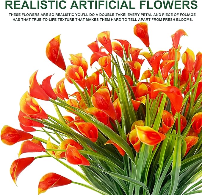 TURNMEON 20 Bundles Calla Lily (400 Heads) Artificial Flowers for Outdoors UV Resistant, Fake Faux Plastic Fake Flowers Plants for Indoor Yards Planter Home Porch Spring Fall Summer Decor(Orange Red)