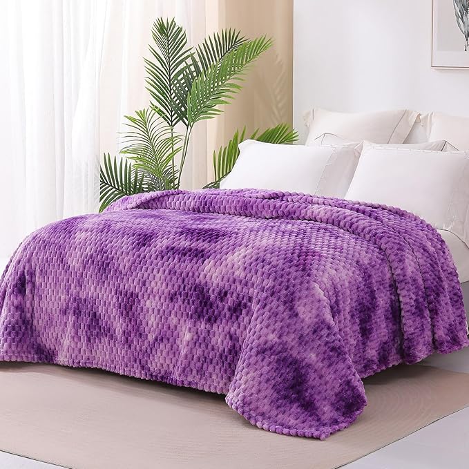 Exclusivo Mezcla Fleece Queen Blanket for Bed, Extra Large Fuzzy Tie-dye Purple Bed Blankets, Soft Cozy Plush Sofa Throws for All Seasons, 90x90 Inches