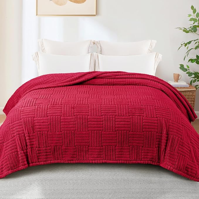 Whale Flotilla Lightweight Fleece Twin Size Blanket for Bed, Fuzzy Soft Blankets with Decorative Jacquard Pattern for All Season, Warm and Fluffy, 60x80 Inch, Red
