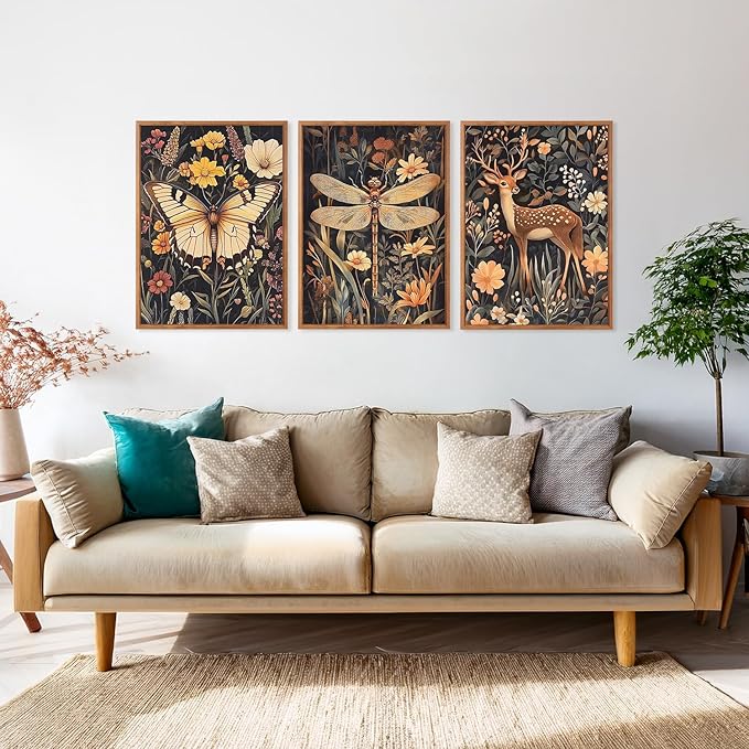 CHDITB Vintage 3D Dragonfly Framed Canvas Wall Art Set, Botanical Wildlife Decor, Butterfly Deer Flowers Art Prints, Dark Nature Forest Wildlife Artwork for Living Room Bedroom Office-12 x16 x3