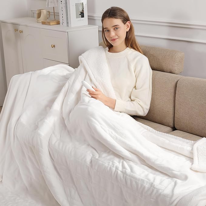 King Size Heated Blanket Dual Control Heated Blanket - Soft Silky Plush Electric Blanket with 5 Heating Level & 10 Hour Auto Off, ETL Certified & Machine Washable, for Grandma Gifts(Cream White)