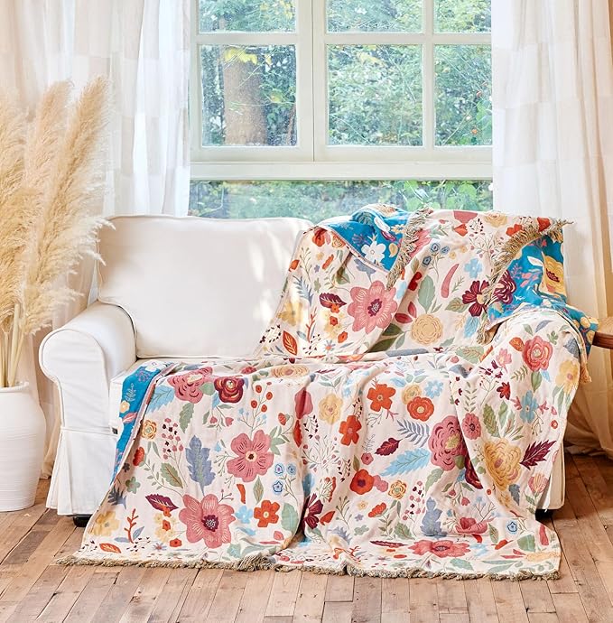 Boho Throw Blanket - 100% Cotton Soft Breathable Throw Spring Blankets, 50"x60" 4-Layer Lightweight Muslin Cotton Quilt, Floral Printed Bohemian Decor Throw Blankets for All Season