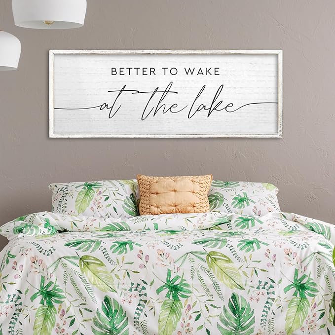 TQianJiang Lake House Decor Better To Wake At The Lake Sign 32"×12" for Bedroom Above Over Bed Large Country Home Cabin Farmhouse Rustic Quote Wood Framed Wall Hanging Art (White)