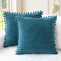 CaliTime Throw Pillow Covers Decorative 16 X 16 Inches Pack of 2 Cozy Solid Dyed Soft Chenille Cushion Cases with Pom Poms for Couch Sofa Bed Living Room Home Ocean Blue
