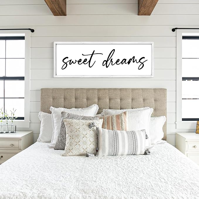 Sweet Dreams Wall Decor Above Bed 42''×15'' Large Bedroom Sign Farmhouse Wood Framed Master Bedroom Guest Room Decoration (White)