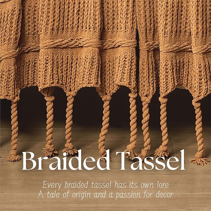 Boho Knitted Chenille Blanket with Tassels - Lightweight & Soft All-Season Throw - 3D Classic Pattern for Living Room Bedroom Couch, Amber Brown, King 90"x108"
