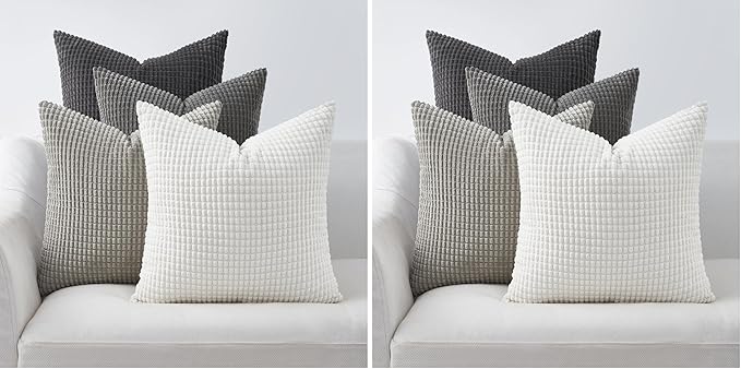 Topfinel Grey Couch Pillow Covers for Living Room 45x45 cm Set of 4,Mid Century Modern White Neutral Corduroy Corn Throw Pillows,Rustic Square Bench Chair Cushion(18 Inch/Grey) (Pack of 2)