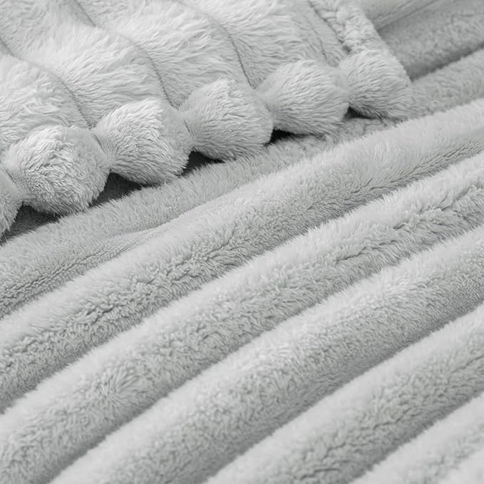 Exclusivo Mezcla King Size Flannel Fleece Blanket, Super Soft Striped Jacquard Bed Blanket, Lightweight Fuzzy Cozy for All Seasons, 90x104 Inches, Light Grey