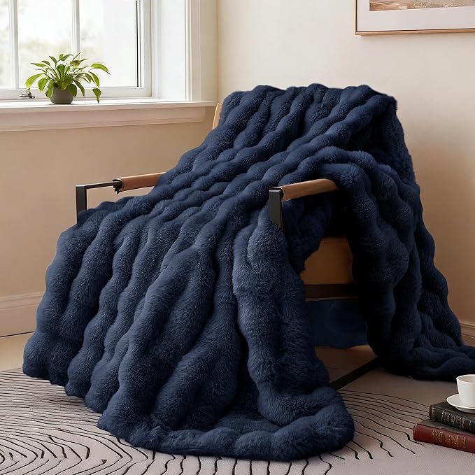 Comelady Faux Rabbit Fur Throw Blanket for Couch,Soft Fluffy Thick Bubble Blanket for Bed Sofa Room Decor-Lightweight Cozy Fuzzy Blanket Gifts for Women Men,Navy Blue,50"×60"