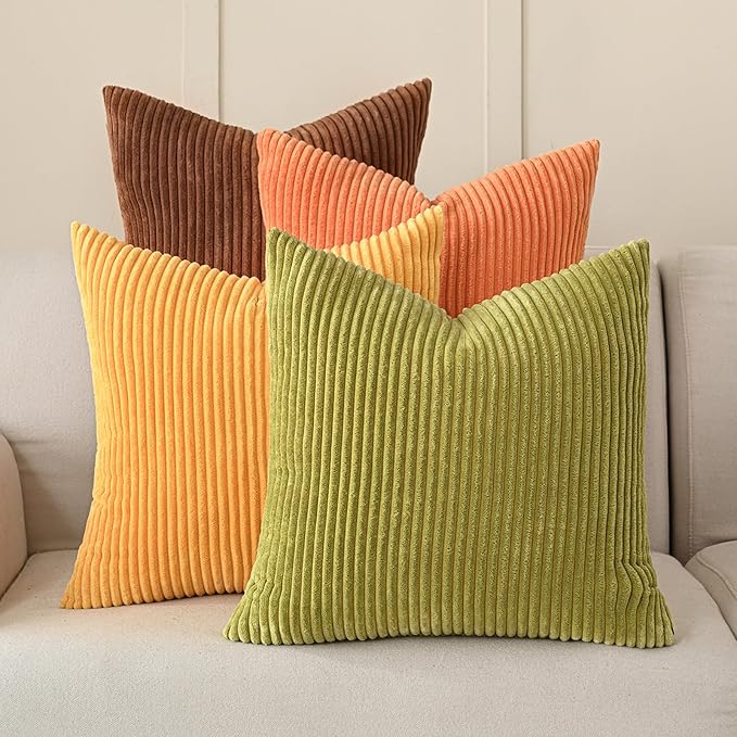 Volcanics Set of 4 Fall Orange Corduroy Decorative Throw Pillow Covers 20x20 Inch, Modern Yellow Green Gradient Couch Pillow Covers, Rustic Western Striped Cushion Covers for Bed Sofa Living Room