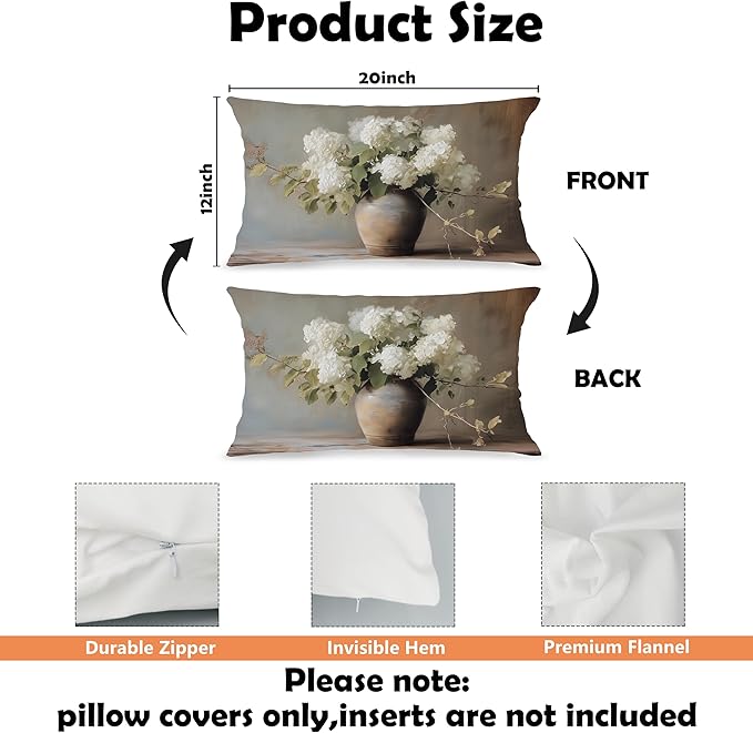 Vintage Moody Hydrangea Floral Lumbar Pillow Cover 12x20 Double-Sided, Cottagecore Room Decor, Farmhouse Spring White Flower Botanical Decorative Throw Pillow Cover for Living Room Home