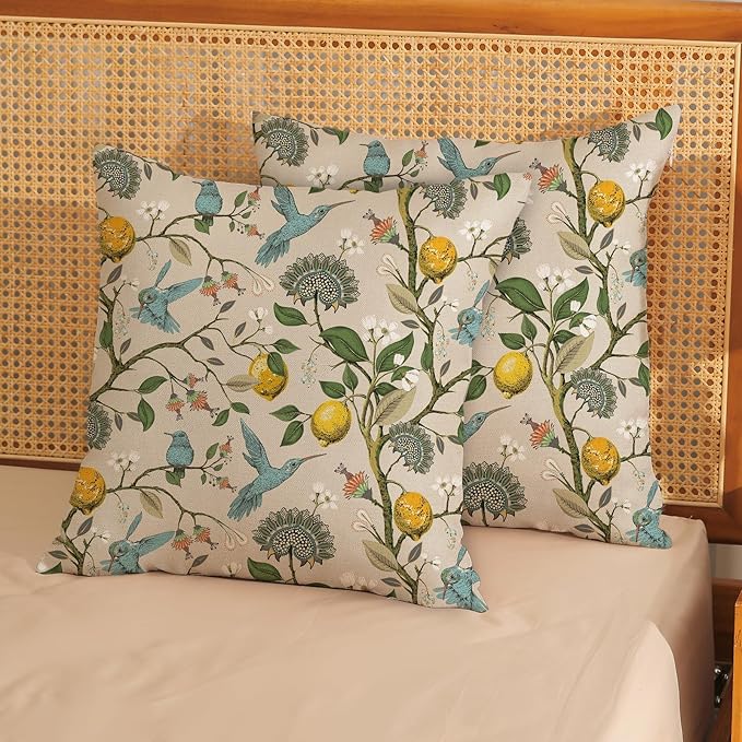 Chinoiserie Pillow Covers 18x18 Set of 2 Blue Green Bird Floral Throw Pillows Vintage Yellow Lemon Flowers Decorations Pillowcase Outdoor Chinoiserie Decor Linen Cushion Case for Couch Home
