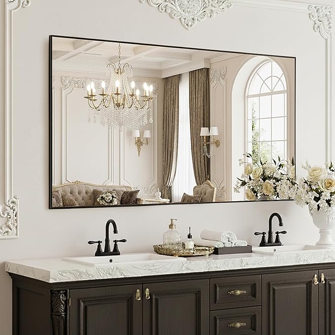 Large Black Bathroom Mirror, 48" x 30", Shatterproof & Anti-Rust Vanity Mirror Wall Mount, Rectangle Mirrors with Metal Frame for Over Sink, Bathroom, Bedroom, Living Room,Entryway