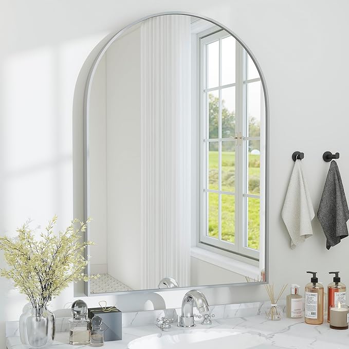 24x36 Arch Mirror Square Full Length Wall Mounted Hanging or Against Wall Metal Aluminum Alloy Frame Dressing Make-up Mirrors for Entryway Bedroom Bathroom Living Room 24 36 inch Silver