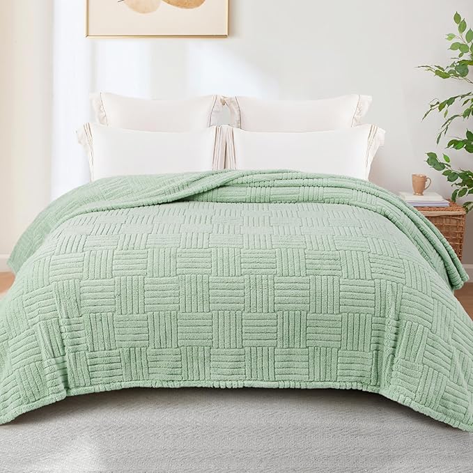 Whale Flotilla Lightweight Fleece Twin Size Blanket for Bed, Fuzzy Soft Blankets with Decorative Jacquard Pattern for All Season, Warm and Fluffy, 60x80 Inch, Sage Green