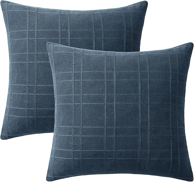 MIULEE Decorative Linen Check Euro Shams Throw Pillow Covers Neutral Farmhouse Vintage Pillow Covers 22x22 Set of 2 Boho Modern Home Decor for Sofa Couch Bedroom Cushion Deep Blue