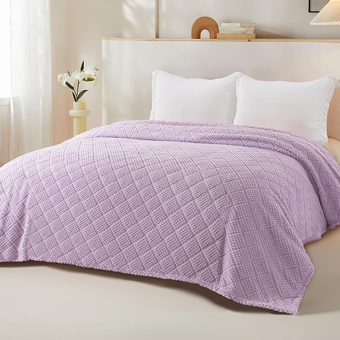 Whale Flotilla Fuzzy Fleece Queen Size Blanket for Bed, Soft Fluffy Jacquard Waffle Blankets for All Season, Lightweight and Warm, 90x90 Inch, Lilac