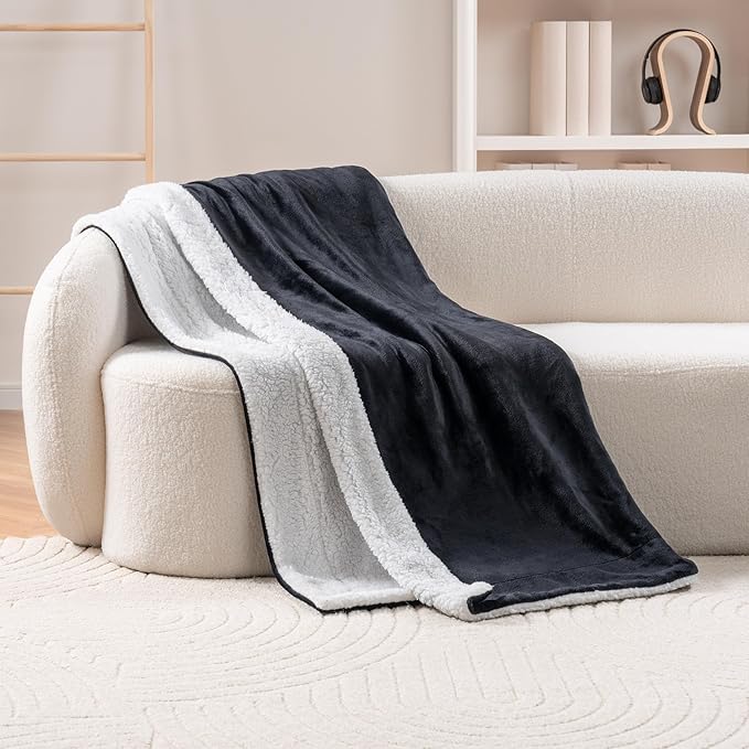 Berkshire Blanket-Sherpa Throw Blanket, Warm and Soft Loftmink Reversible Throw for Couch, Sofa and Travel, Black, 50 in x 60 in
