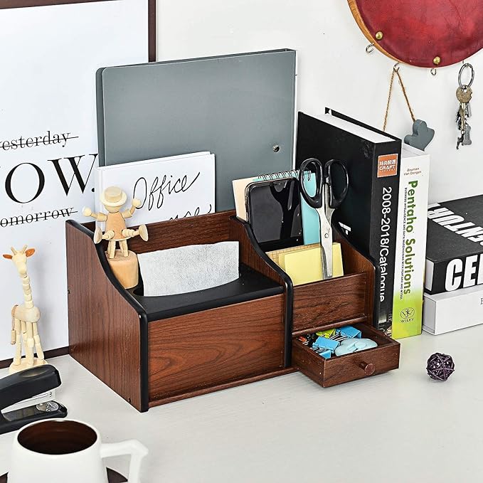 Cherry Brown Wood Desk Organizer Tissue Box Lid Multiple Slots Drawer Tabletop Storage Cabinet Solid Wood Phone Tablet Remote Control Holder Office Supplies Caddy Accessory Sorter Home