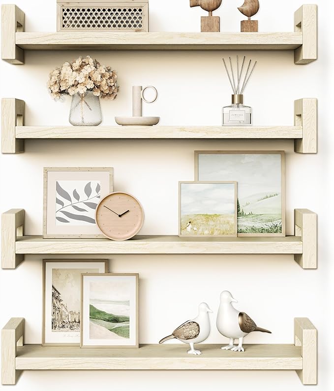 Vailando Floating Shelves for Wall, Set of 4 Solid Wood Wall Mounted Shelves, 16" Rustic Poplar Display Shelf for Bedroom, Living Room, Bathroom, and Kitchen Decor - Heavy-Duty & Natural Pine