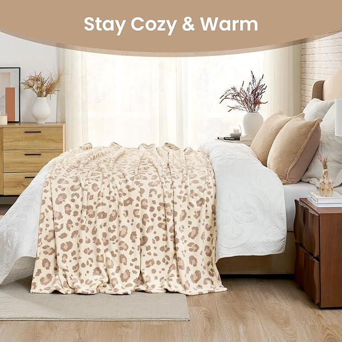Cozy Bliss Leopard Print Fuzzy Throw Blanket for Bed & Couch, Thick Soft Warm Fleece Blankets for Room Decor, for Kids, Women Men Girls, Khaki Brown Cheetah 60"*80"