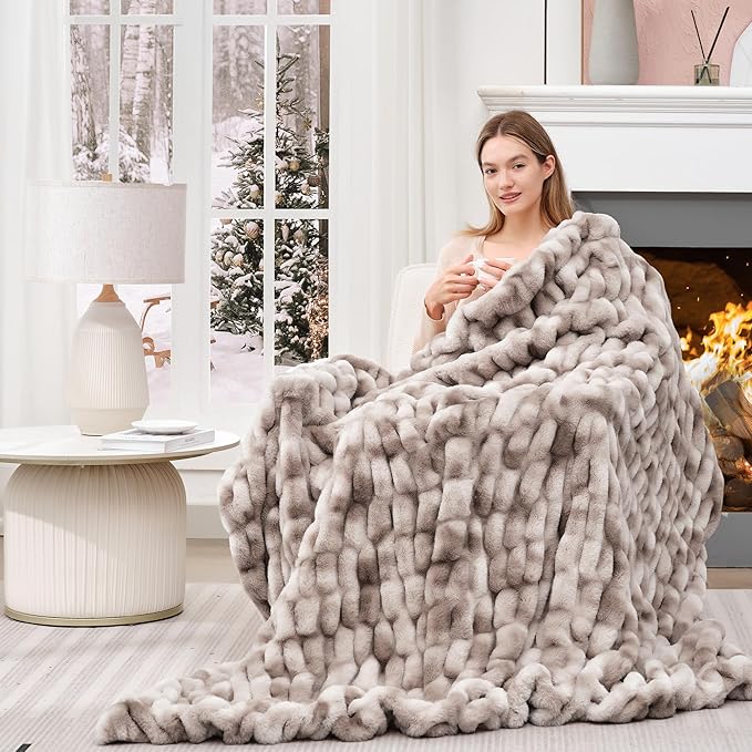 Touchat Ruched Faux Rabbit Fur Blanket, 700 GSM Luxury Dual-Sided Soft Cozy Blanket, Fuzzy Fluffy Plush Throw for Bed, Couch and Sofa - 60"x80", Tie-dye Coffee