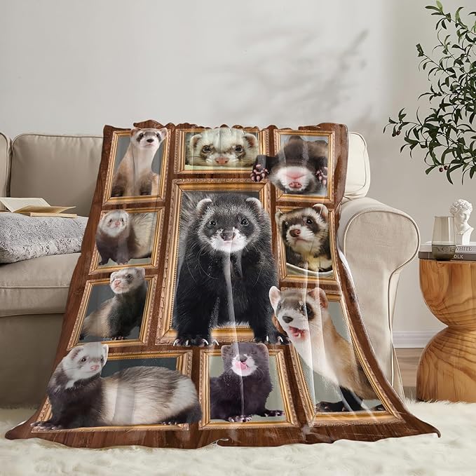 Cute Ferret Blanket for Girls Women Boys Men Adults Kids Soft Cozy Fleece Ferret Throw Blankets Gifts Warm Flannel Plush Stuff Lightweight Decorative Blanket for Couch Bed Sofa 60"X50"