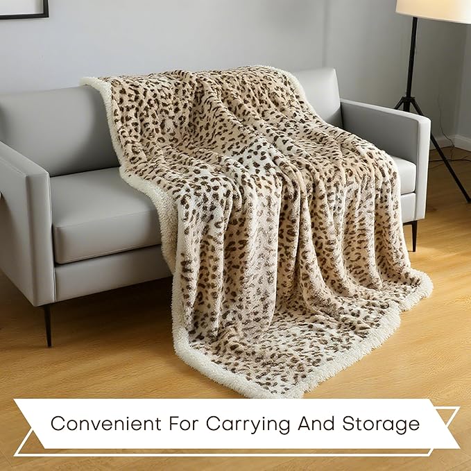 Electric Heated Blanket Queen Size 84"x90" - Microplush & Sherpa Fabric Dual-Sided, 9 Heat Settings & 10 Hours Auto Off, Cozy Warming Throw for Office or Bed, Machine Washable, Beige Leopard Print