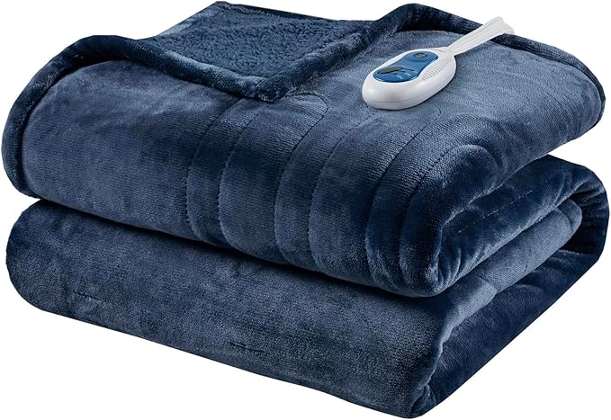 Beautyrest Heated Blanket, Electric Throw Blanket, Soft, Warm, Reversible Plush - Sherpa Heating Blanket Throw, 3 Heat Settings, 2 hr Auto Shut Off, Machine Washable, Oversized 60 in x 70 in, Indigo
