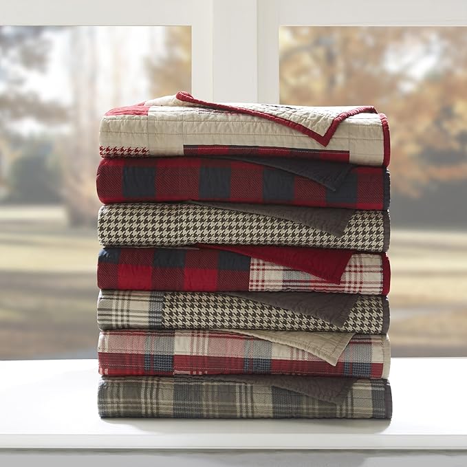 Woolrich Luxury Quilted Throw - Cabin Lifestyle, Patchwork with Moose Design All Season, Lightweight and Breathable Cozy Bedding Layer Throws for Couch Sofa, 50" W x 70" L, Sunset Red