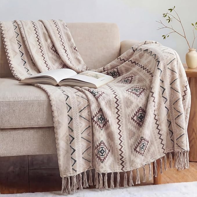 CASAAGUSTO Boho Throw Blanket - Beige and Gray Decorative Blankets with Tassel, Printed Flannel Bohemian Blanket for Chair, Bed, Sofa, Couch(60 * 80, Beige and Gray)