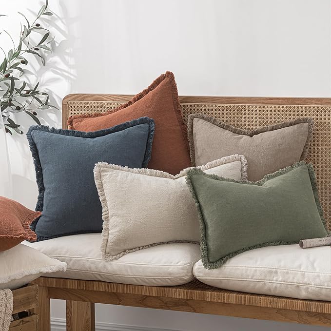MIULEE Decorative Throw Pillow Covers Neutral Linen Fringe Throw Pillows Euro Shams Set of 2 Dune Boho Farmhouse Cushion Covers for Couch Sofa Bed Living Room Spring Home Decor 22x22 Inch