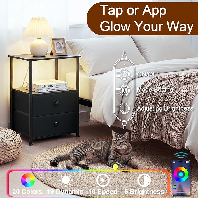 Night Stand Set 2, LED Nightstand with Charging Station, End Tables with Storage Shelf, Bed Side Table with 2 Fabric Drawers for Bedroom, Small Spaces, Black, HETS02BK
