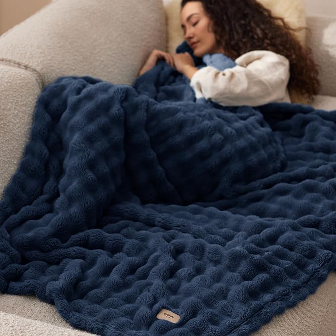 Bedsure 3D Fleece Bubble Blanket for Couch - GentleSoft Blue Throw Blanket for Sofa Bed Room Decor - Luxury Soft Cozy Gifts for Her, Lightweight, All Seasons, Navy Blue, 50"×60"