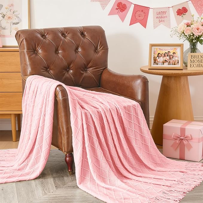 inhand Pink Knitted Throw Blanket for Couch Bed,Mothers Day/Mom Birthday Gifts for Mom from Daughter Son,Romantic Decor for Her Him Girlfriend Wife, Farmhouse Warm Woven for Women,50"x60"