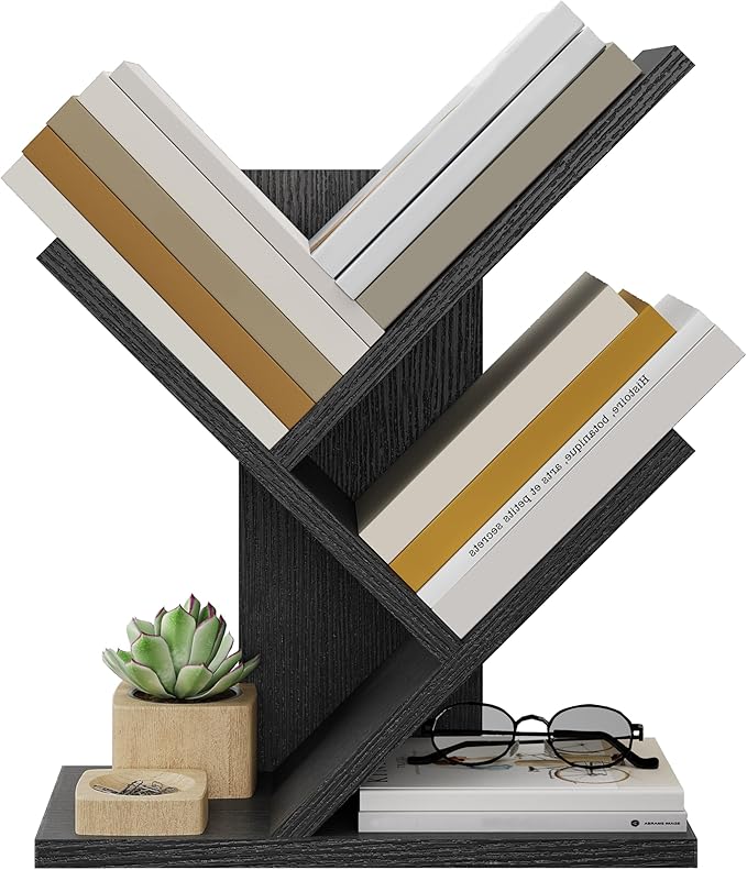 Tajsoon Tree Bookshelf 3 Tier Book Shelves Storage Organizer, Desktop Bookshelf Floor Standing Bookcase Display for CDs/Magazine/Books, Small Bookshelf for Bedroom, Living Room&Office, Black
