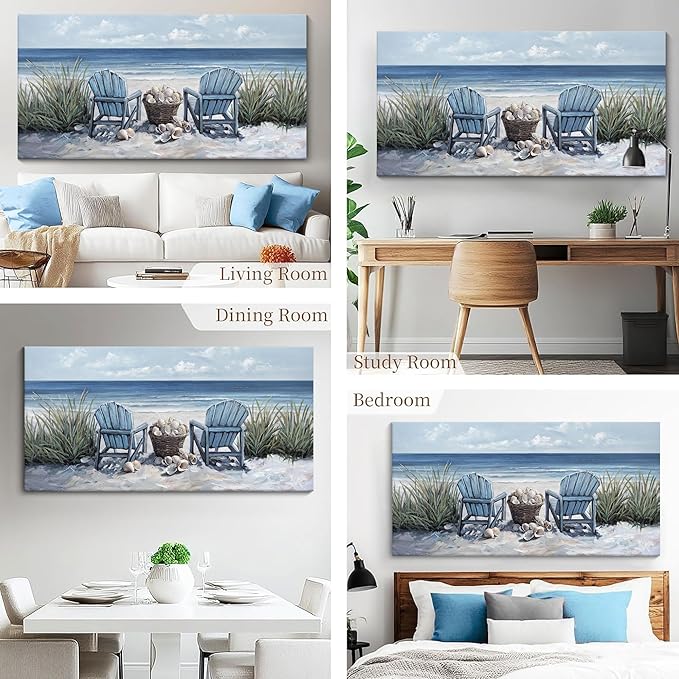 HGUAOA Coastal Wall Art - Large Landscape Wall Paintings for Living Room, Bedroom Pictures, Ocean Beach Artwork, Blue Wall Art, Above Bed Decor, Coastal Landscape Beach Pinting