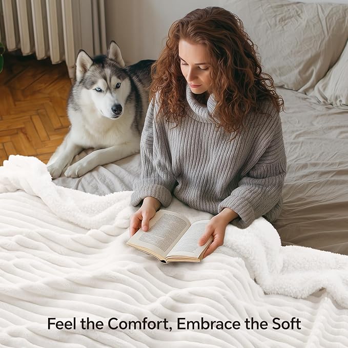 INFIIXSO Sherpa Fleece King Size Blanket - Super Soft & Warm Striped Fleece, Cozy Plush Fluffy Large Bed Blanket All Season Use (Off White, 104x90 Inches)