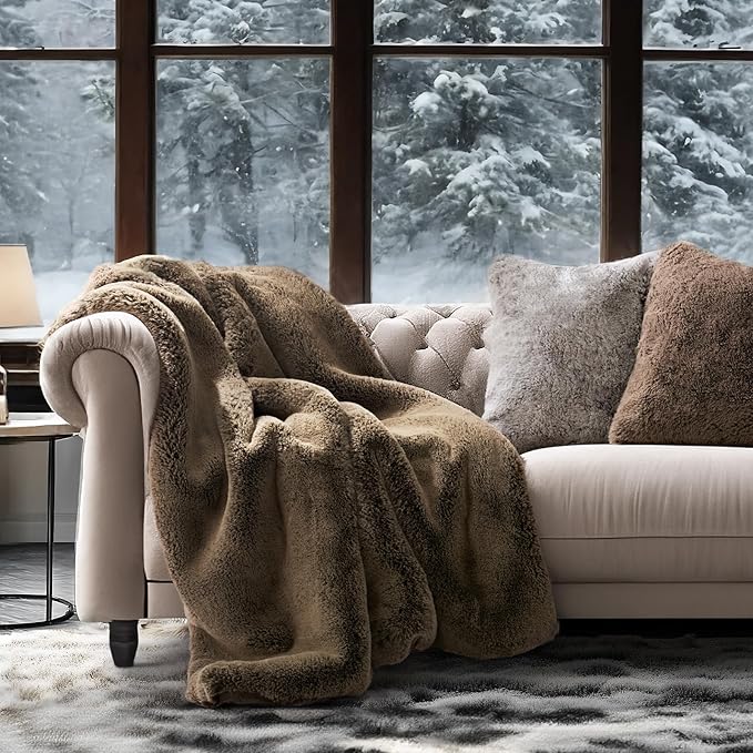 EVERGRACEHOME Luxury Soft Faux Chinchilla Fur Throw Blanket for Couch, Warm Thick Heavy Winter Throw Blanket 1220GSM for Bed, Fluffy Cozy Mink Blanket with Reversible Velvet, Brown Sable, 60"x80"