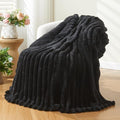 NEWCOSPLAY Super Soft Twin Blanket Black Premium Silky Flannel Fleece 3D Ribbed Jacquard Lightweight Bed Blanket All Season Use (Black Ribbed, Twin(60"x80"))