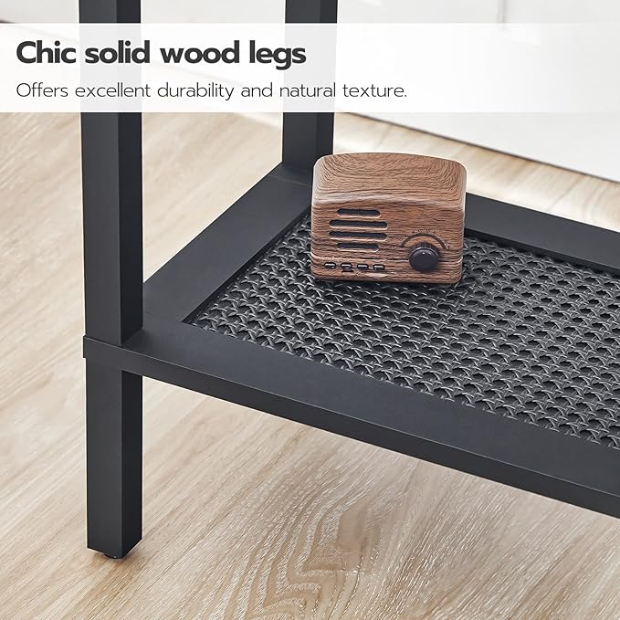 HOOBRO Small Side Table with Charging Station, End Table with USB Ports and Outlet, Nightstand with 2-Tier Storage Shelf, Faux Rattan Decoration, for Small Space, Rustic Brown and Black BF91UBZ01