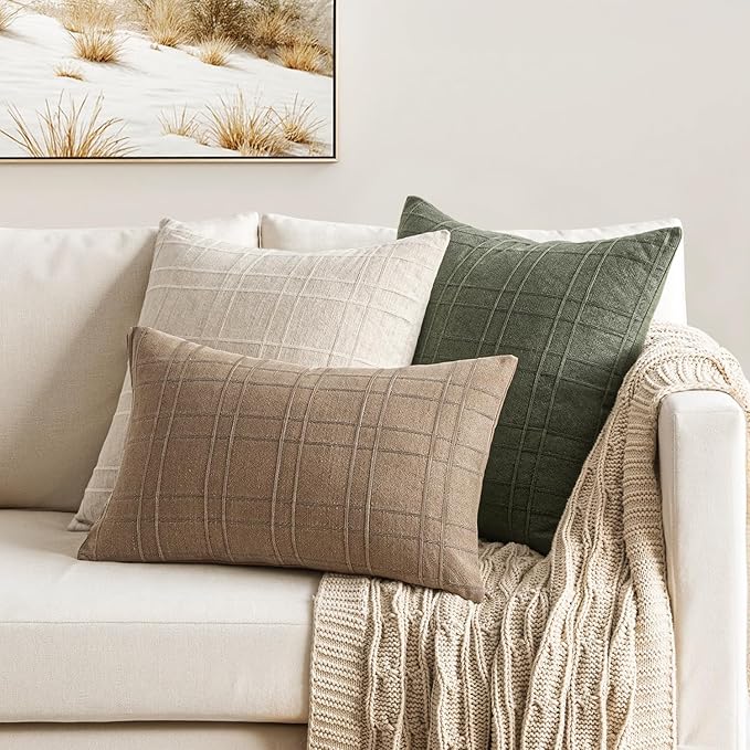 MIULEE Decorative Linen Check Euro Shams Throw Pillow Covers Neutral Farmhouse Vintage Pillow Covers 24x24 Set of 2 Boho Modern Winter Home Decor for Sofa Couch Bedroom Cushion Light Brown